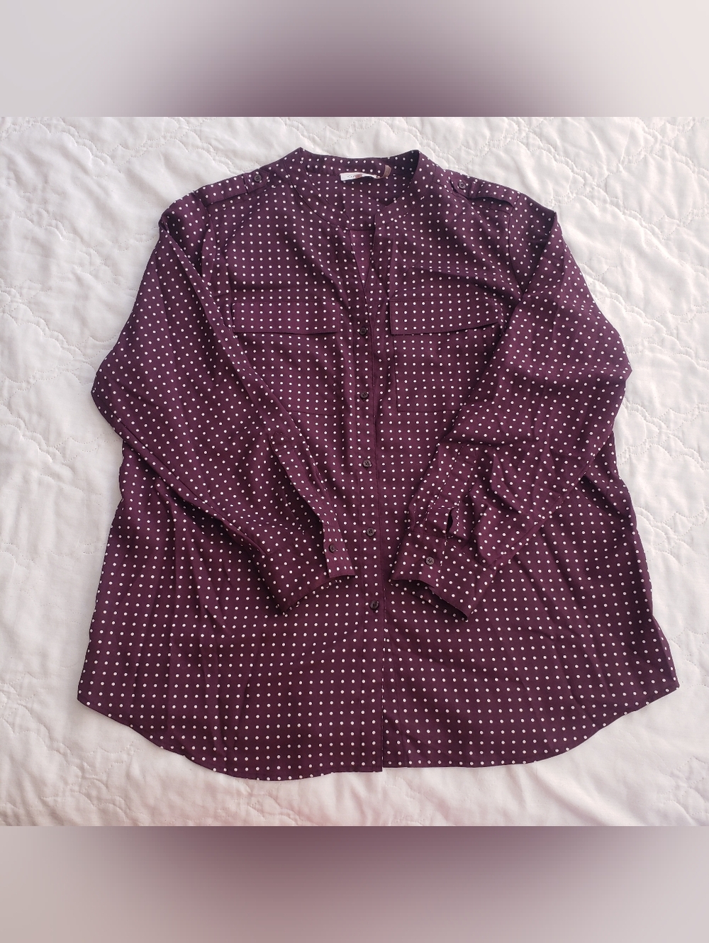 CK Maroon Polka Dot Foulard Top 1X Long Sleeve Collarless Double Chest Pockets